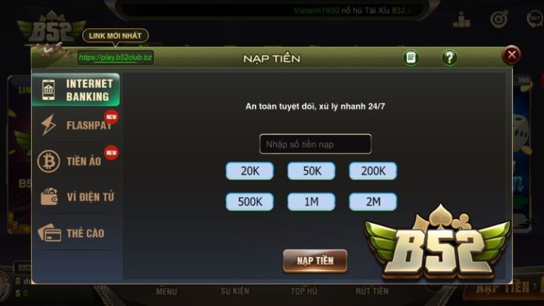 Nạp tiền vào tài khoản B52 bằng ngân hàng