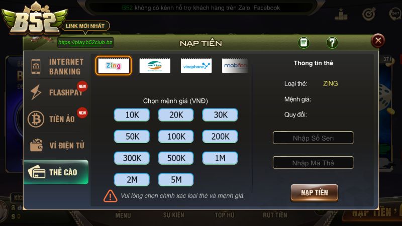 Nạp tiền B52 bằng Thẻ cào điện thoại